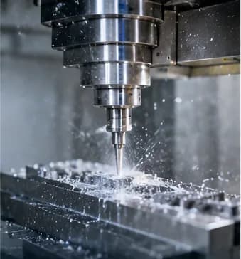 Illustrative close-up of an ultrasonic tool cutting a metal block