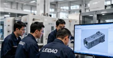 Illustrative image of engineers discussing a part design at a workstation